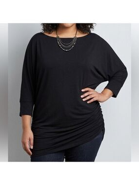 KIM & CAMI Black Long Sleeve Ruched Top Boat Neck 1X